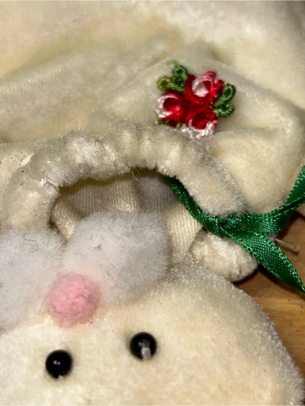 Vintage Plush Easter Bunny Candy Treat Bag Pouch Velour Ribbon Rose Detail 7”